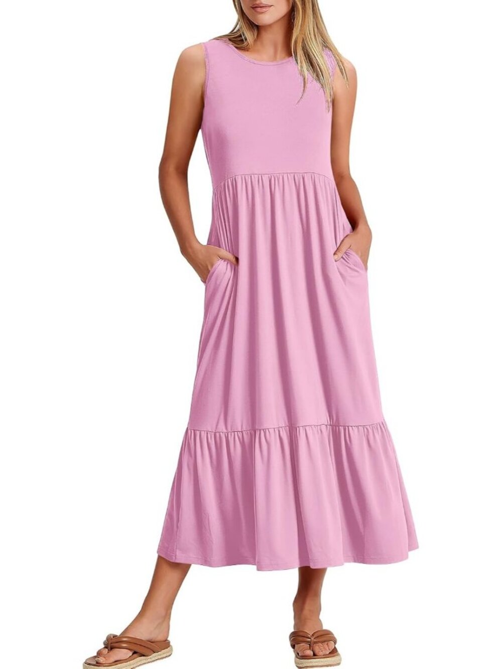 Women's Light Pink Crewneck Summer Sleeveless Sundress Aline Flowy Tiered Maxi
